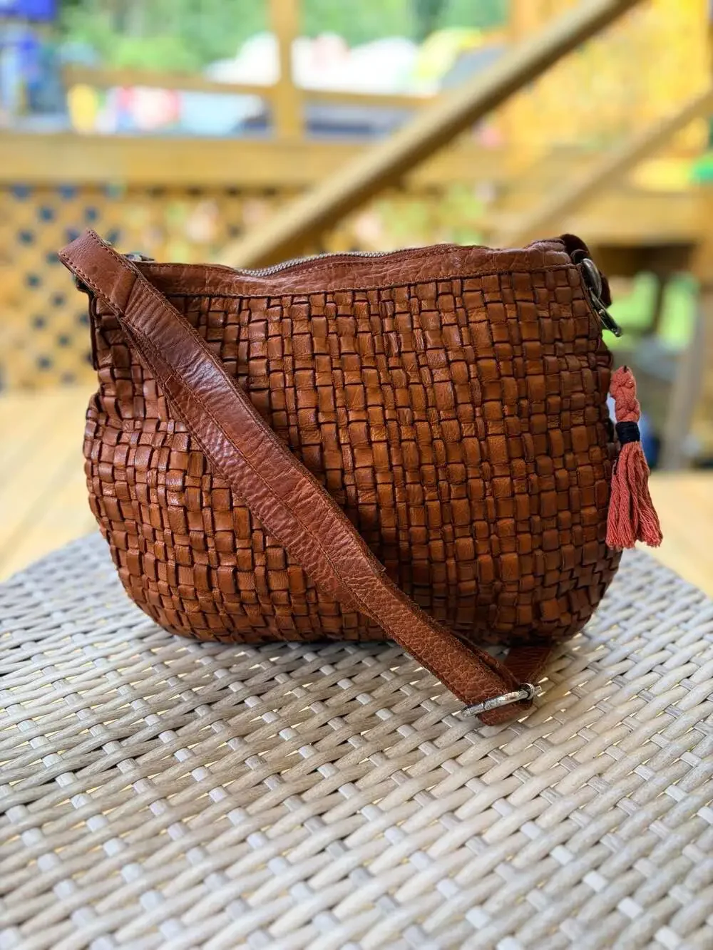 Vilenca Holland Genuine Leather Woven Crossbody Hobo Bag